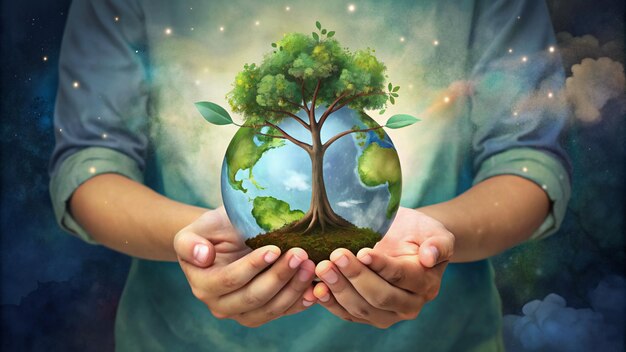 Hands of child holding growing tree Earth day environment day concept Keeping environment clean