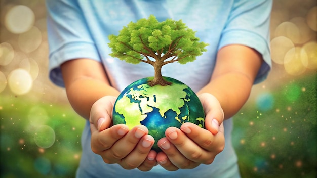 Hands of child holding growing tree Earth day environment day concept Keeping environment clean