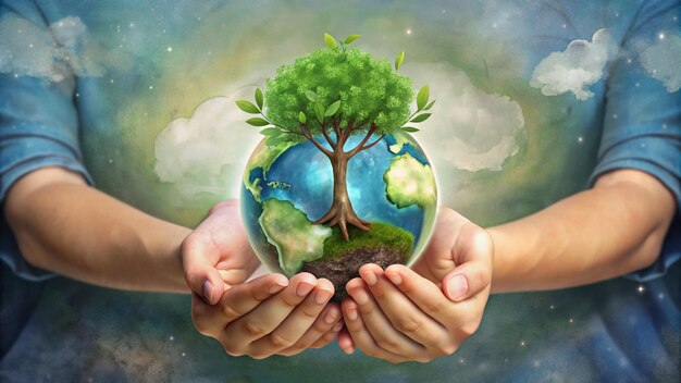 Hands of child holding growing tree Earth day environment day concept Keeping environment clean