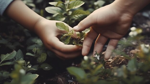 Hands of a child taking a plant from the hands of a man garden Generative AI