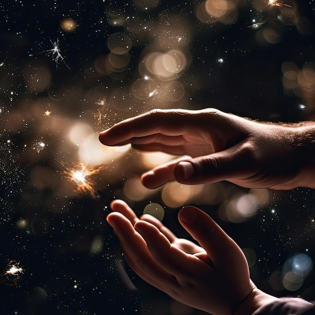 Hands of a child and a woman on a background of stars