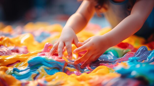 Hands of children playing with colorful clay