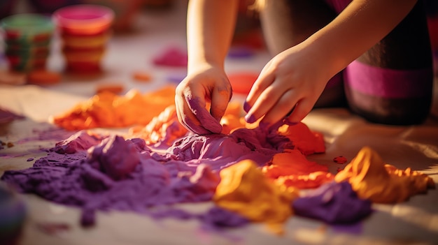 Hands of children playing with colorful clay