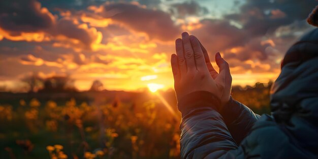 Photo hands clasped in prayer against a mesmerizing sunset concept spirituality sunset photography prayer pose hand gestures meditative moments