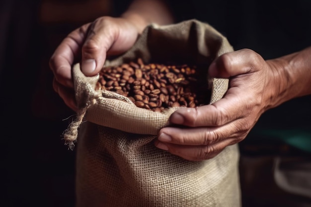 Hands coffee beans in sack Food caffeine Generate Ai