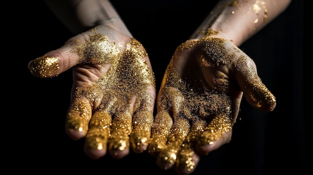 Hands covered in gold glitter with the word gold on them