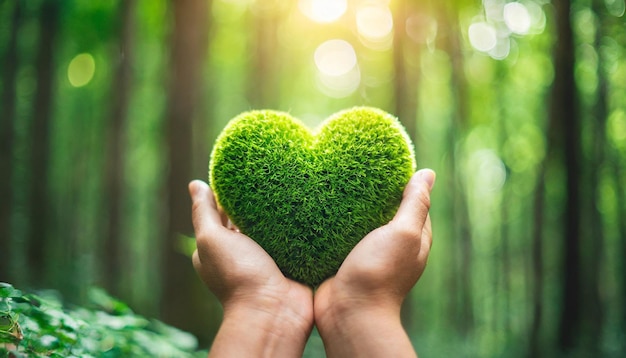 hands cradle a glowing green heart in a lush forest symbolizing environmental love and care