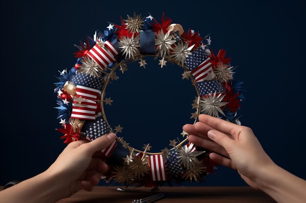 Photo hands crafting a diy patriotic wreath with generative ai