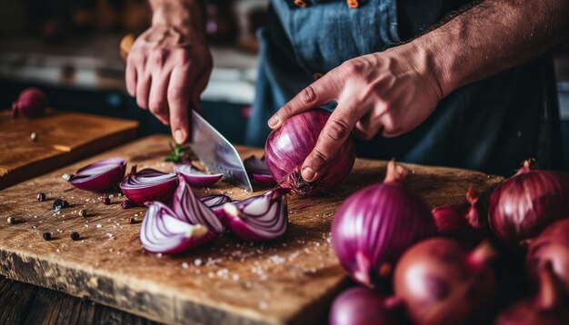 Photo hands cutting red onions