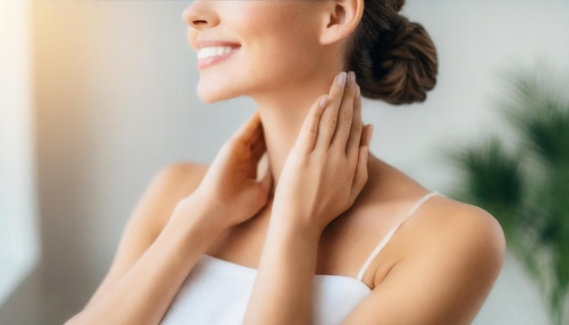 Photo hands delicately grace flawless bare neck and shoulder symbolizing skin care and purity on a clean