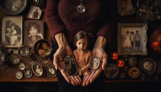 Foto mani di diverse generazioni che tengono in mano una famiglia preziosa raccontano una storia di resilienza ed eredità