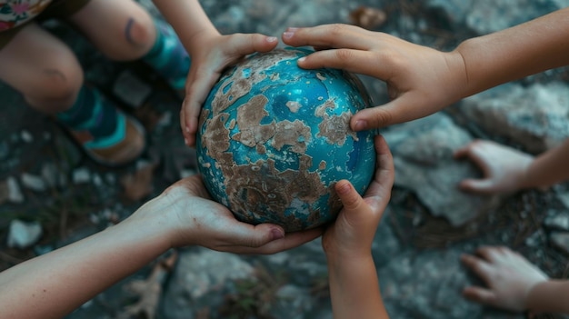 Photo hands of different generations uniting to hold a cracked blue planet from above generative ai