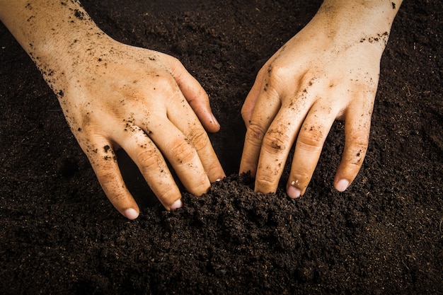 Hands dirty with clay , soil background 