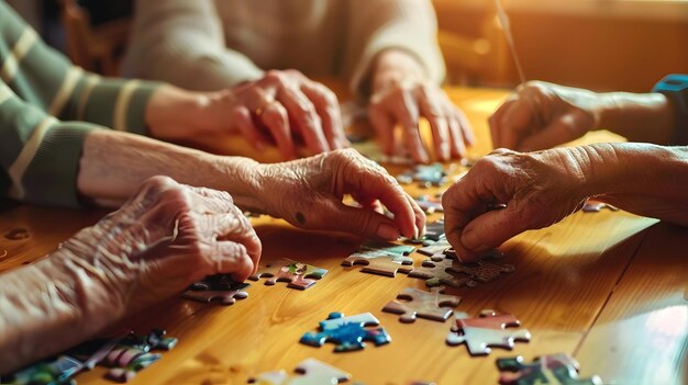 Photo hands of diverse group of senior friends playing with jigsaw puzzles in sunny dining generative ai