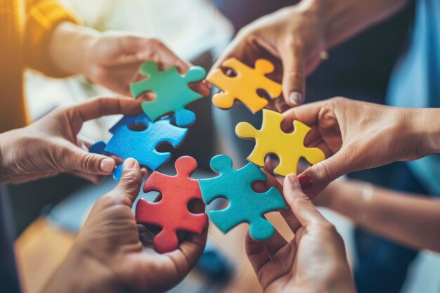 Foto mani di persone diverse che tengono insieme pezzi di puzzle colorati che simboleggiano l'unità e il lavoro di squadra nella risoluzione dei problemi