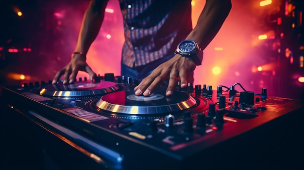 Hands of a DJ mixing music tracks with sound mixer