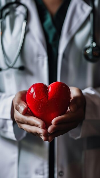 Foto mani del medico che tiene il cuore rosso concetto di cardiologia e giornata della salute