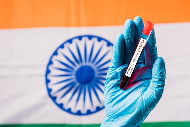 Руки врача в перчатках с вирусом коронавируса (COVID-19) в пробирке крови в лаборатории на флаге Индии