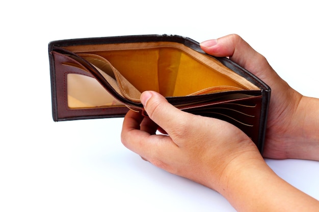 Photo hands dolding empty brown wallet