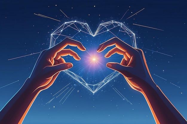 手は空に心臓の輪郭を描く 愛の感情を表現するジェスチャー 薄い線と点の明るい多角形のデザイン 青い背景