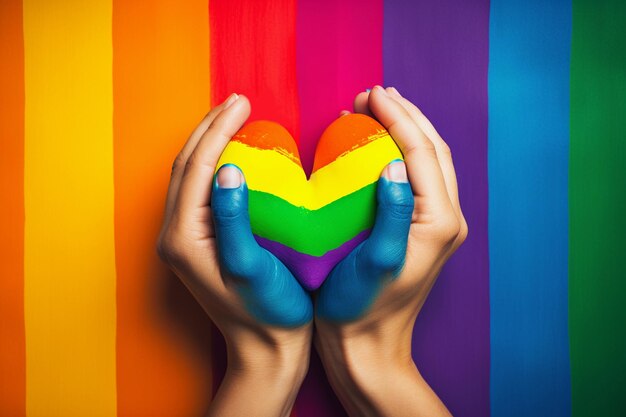 Photo hands drawing a heart with lgbti colors on a rainbow flag