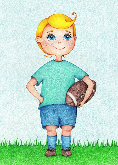 Hands drawn illustration of boy American Football player by the color pencils