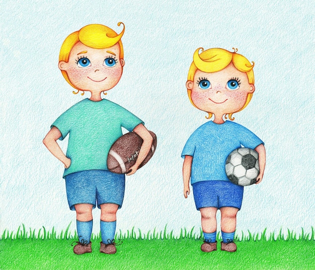 2 人の男の子のアメリカとヨーロッパのフットボール選手の手描きイラスト