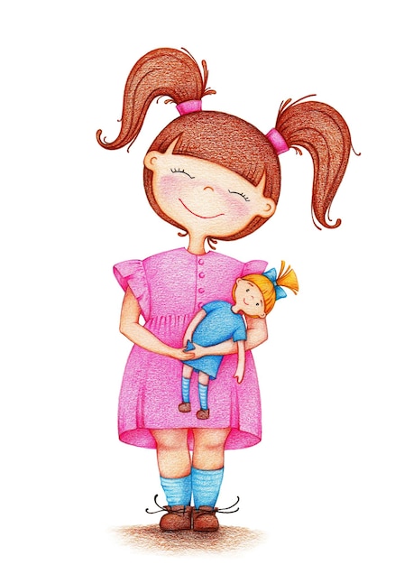 Ручной рисунок маленькой девочки, играющей с куклой цветными карандашами