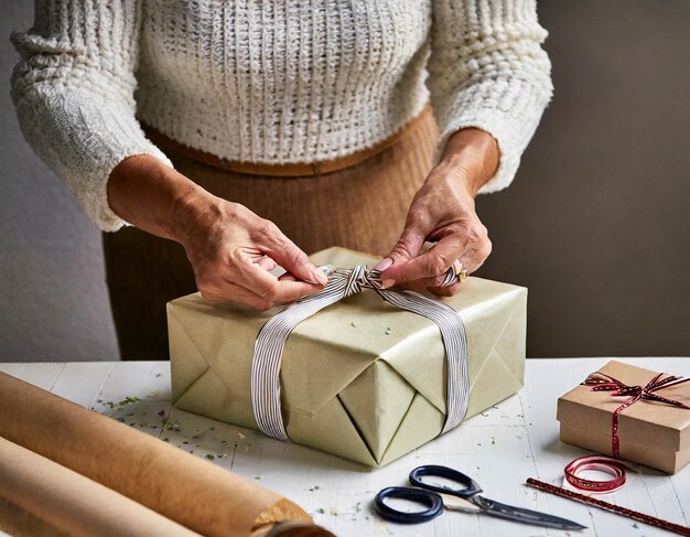 Photo hands of an elderly artisan person wrapping a package using fabrics and craft means