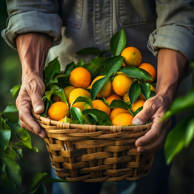 Hands of an elderly male farmer closeup holding a wicker basket with orange tangerines