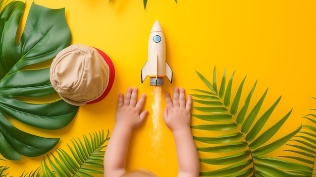 Hands Exploring a Toy Rocket and Tropical Elements on a Vivid Yellow Background