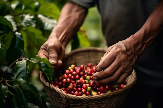 the hands of a farmer collecting coffee beans directly from the plant in a coffee plantation