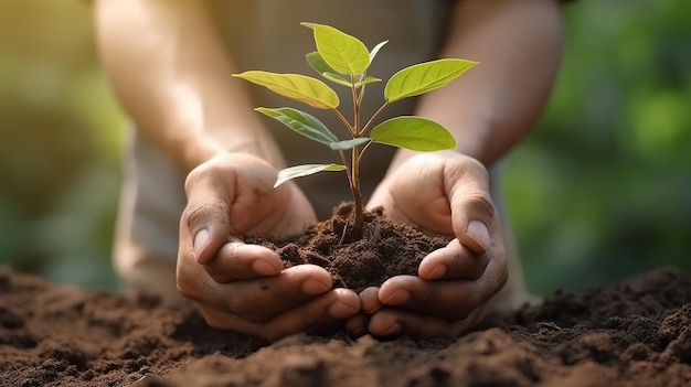 비옥한 토양에서 자라는 나무를 키우고 양육하는 농부의 손 지구의 날 개념 Generative AI