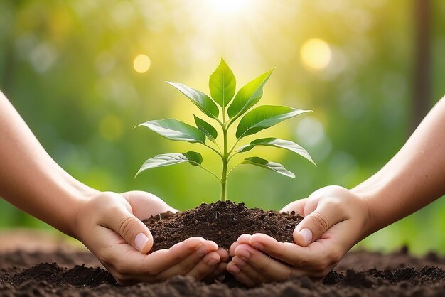 Hands of farmer growing and nurturing tree growing on fertile soil with green and yellow bokeh background nurturing baby plant protect nature Earth day concept