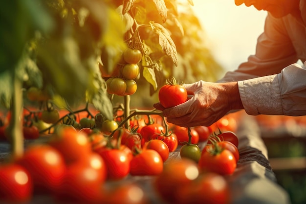 Hands of a farmer harvesting tomatoes in a sunlight greenhouse