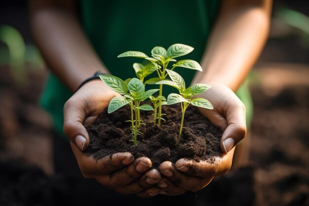 Foto mani dell'agricoltore che tiene una piantina verde nel suolo care of environment ecology concept