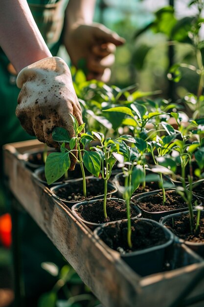 Photo hands of a farmer taking seedlings from a box planting seedlings