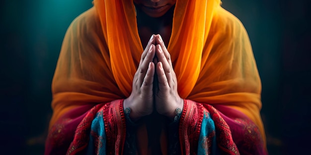 Руки сложены в молитве, выражая надежду, смирение и благодарность.