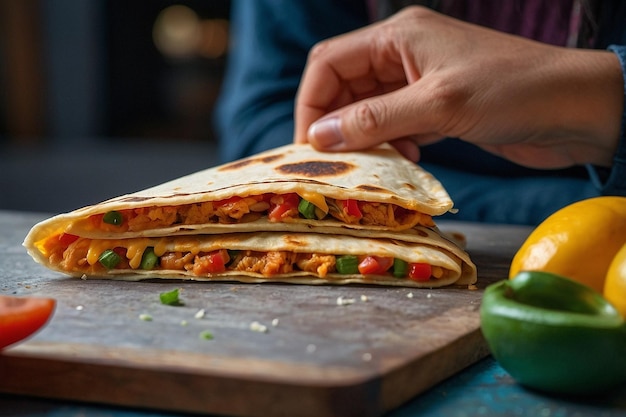 Hands folding a tortilla over the f