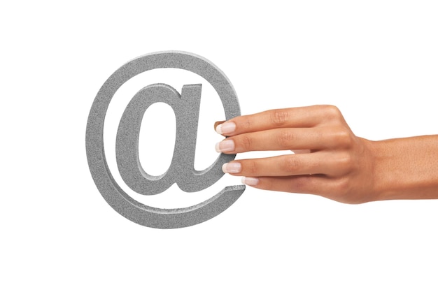 hands font and letter on a white background in studio isolated on mockup or copy space fingers palm and at symbol sign and closeup of character icon for address communication and alphabet