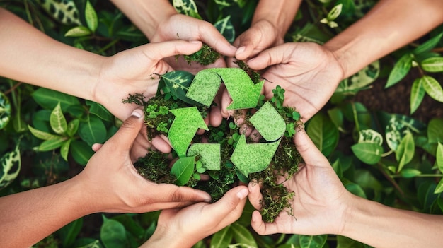 Фото Руки образуют символ переработки с зеленью, передающей экологичность