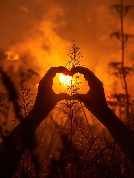 Foto mani che formano la forma di un cuore con il sole sullo sfondo