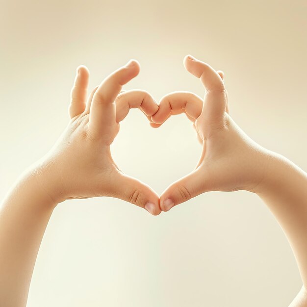 부드러운 베이지색 배경으로 사랑과 가족을 상징하는 심장 기호를 형성하는 손