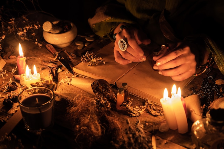 Photo hands fortune teller over an ancient table with herbs and books. manifestation of occultism in the form of divination.