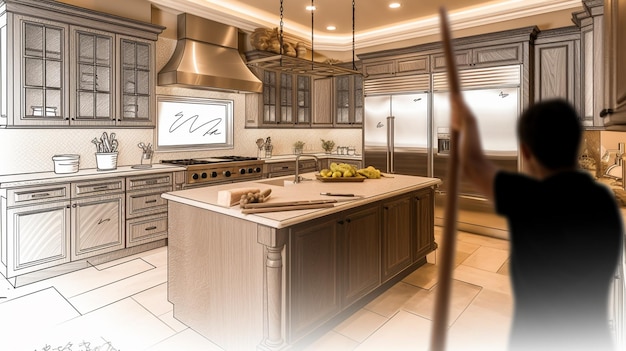 Hands Framing Gradated Custom Kitchen Design Drawing and Photo Combination Generative AI