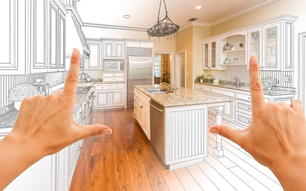 Photo hands framing gradated custom kitchen design drawing and photo combination