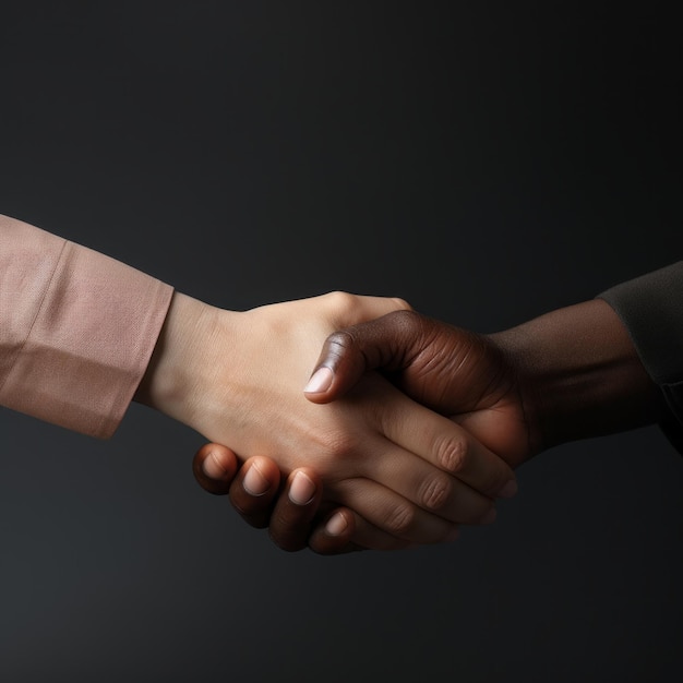 Hands from different ethnic backgrounds come together in a clasped gesture