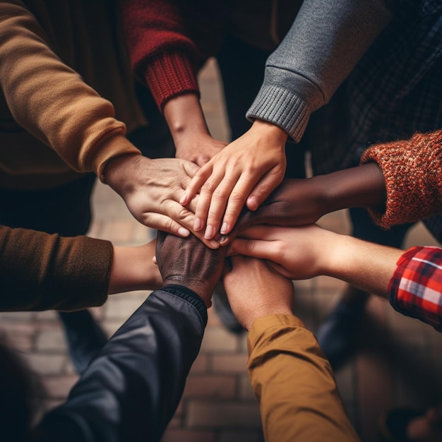 hands from diverse people joining together in a circle