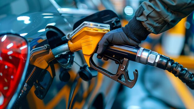 Photo the hands of a gas station attendant skillfully operating a modern gas dispenser