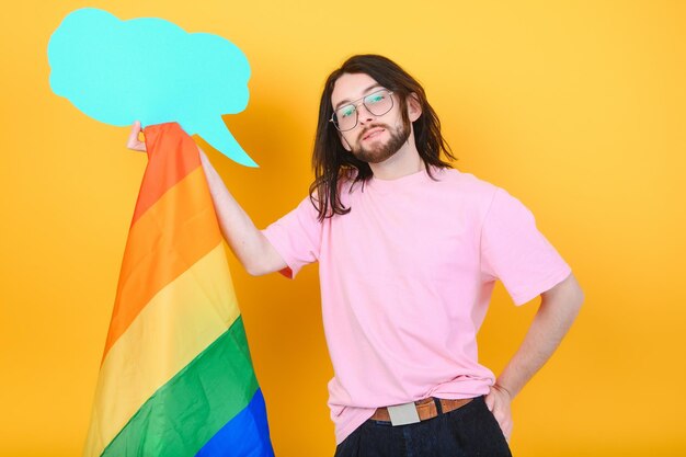 Hands of gay man holding lgbt banner on rainbow flag background lgbt symbol